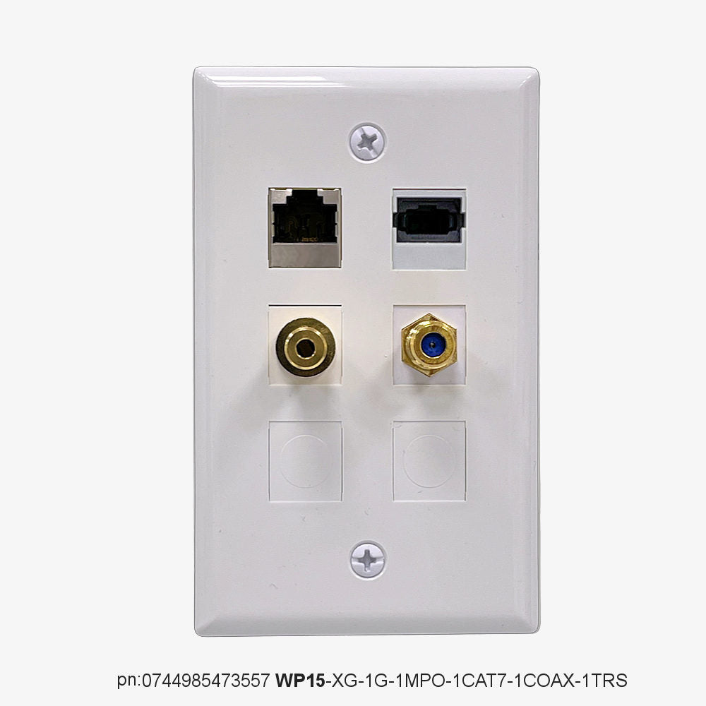 FIBER WALLPLATE® WP15-XG-1G-1MPO-1CAT7-1COAX-1TRS | 1-Gang Wall Plate with 1 MPO + 1 CAT-7 + 1 Coaxial + 1 TRS 3.5mm jack for XG cables